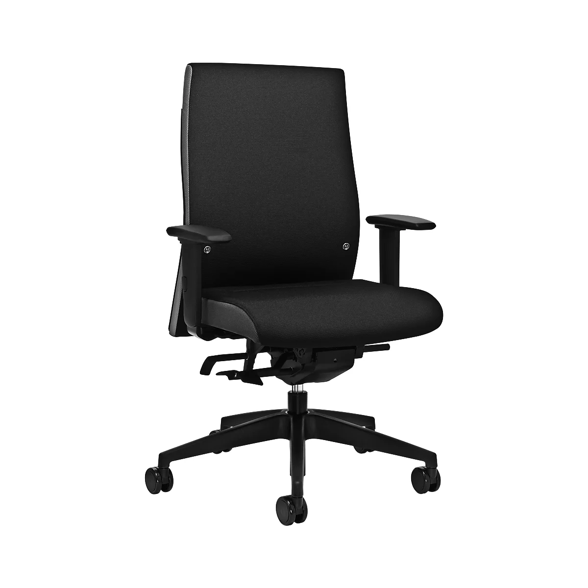 Schwarzer Bürostuhl. Hohe Rückenlehne, Armlehnen, Rollen. Funktionales Design.
