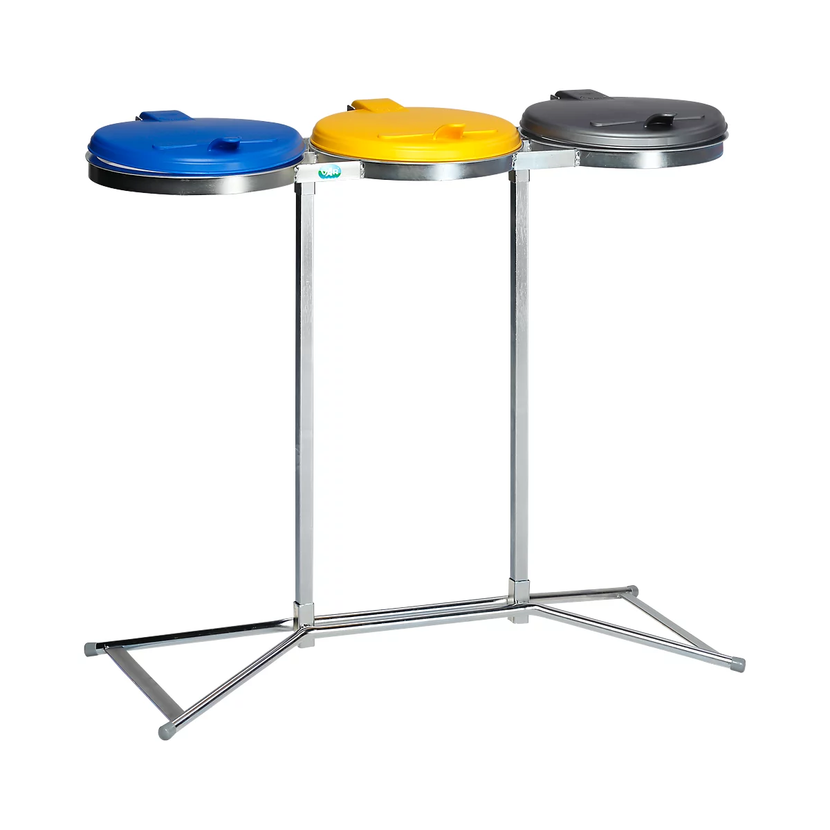 Dreifach-Abfallsammler VAR INDUSTRY Standard, je 120 l, Stahl, KS-Deckel, blau/gelb/grau