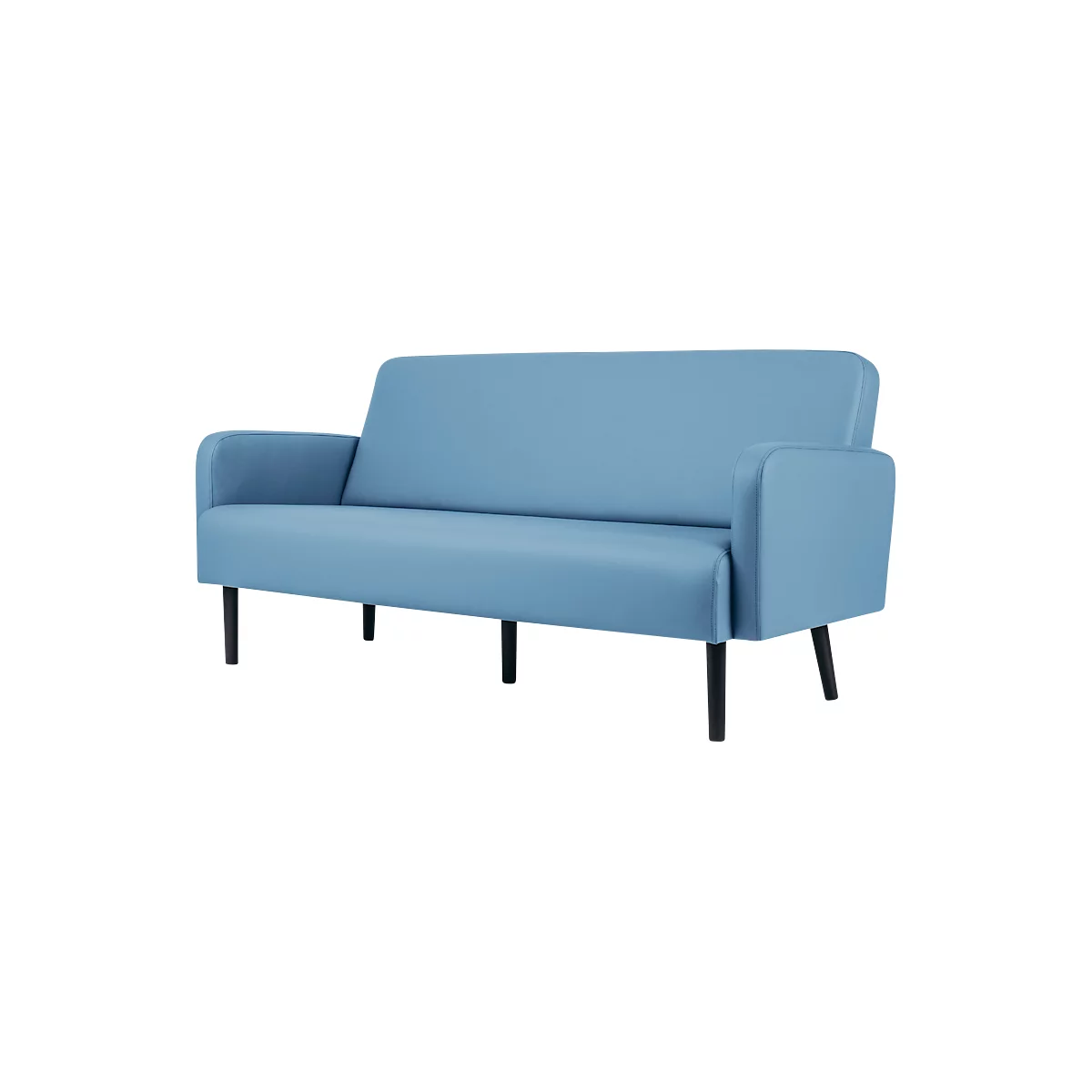 Hellblaues Sofa mit schwarzen Beinen. Das Polster ist glatt, ohne sichtbare Nähte.