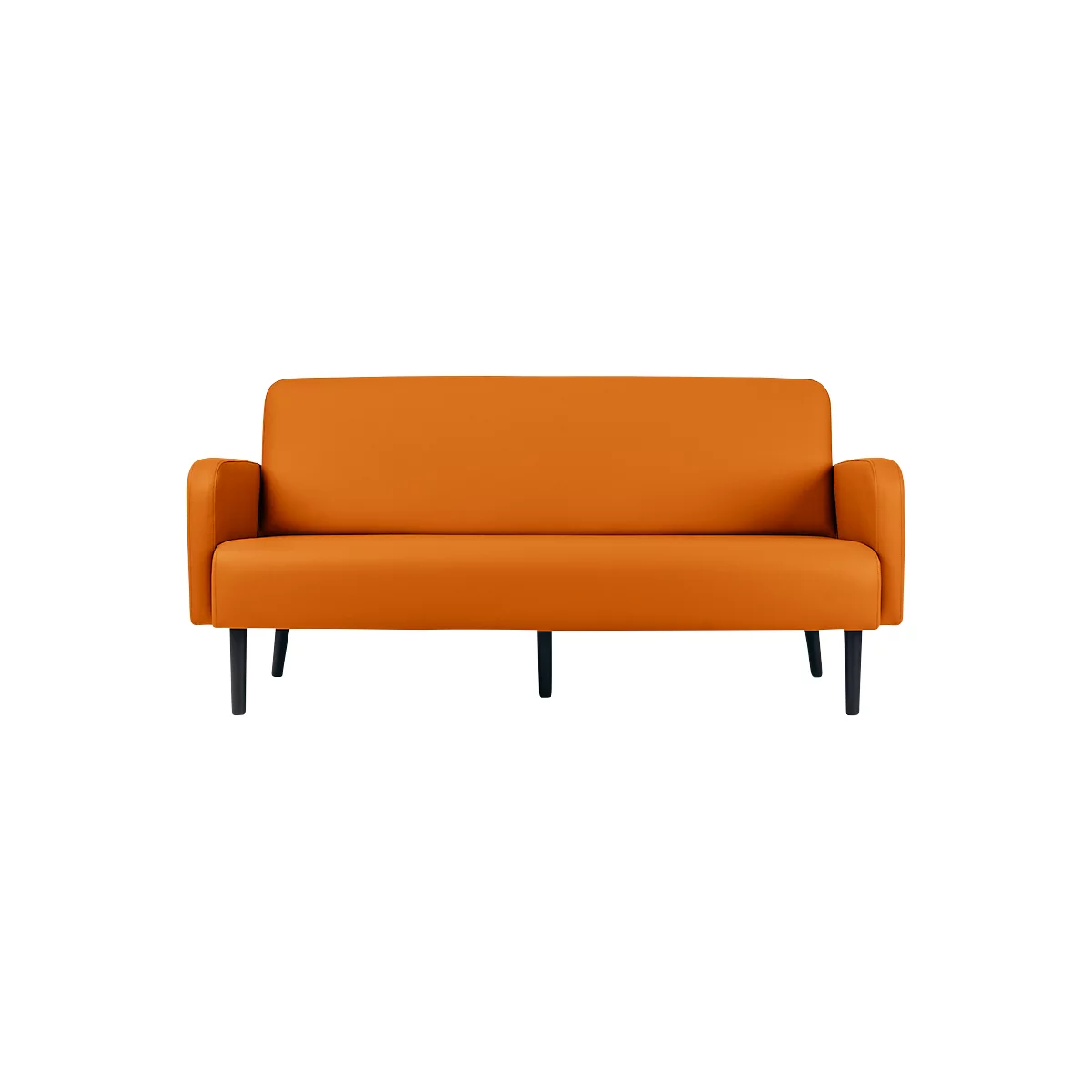 Ein orangefarbenes Sofa mit schwarzen Beinen, vor weißem Hintergrund.