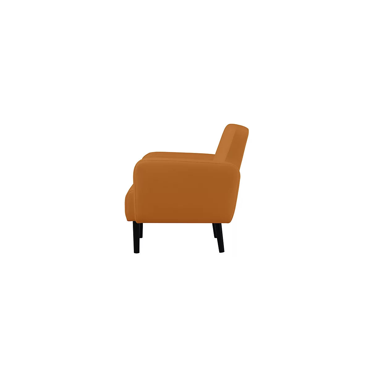 Ein brauner Sessel von der Seite, mit schwarzen Füßen. Der Stuhl ist vor einem weißen Hintergrund abgebildet.