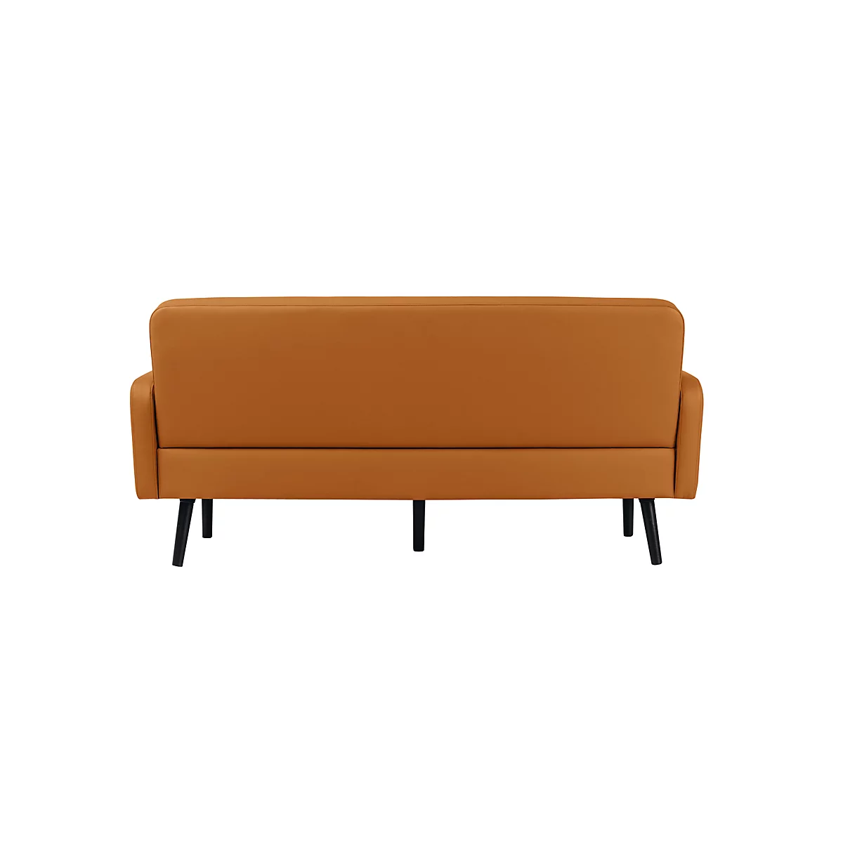 Rückansicht eines ockerfarbenen Sofas mit schwarzen Beinen.