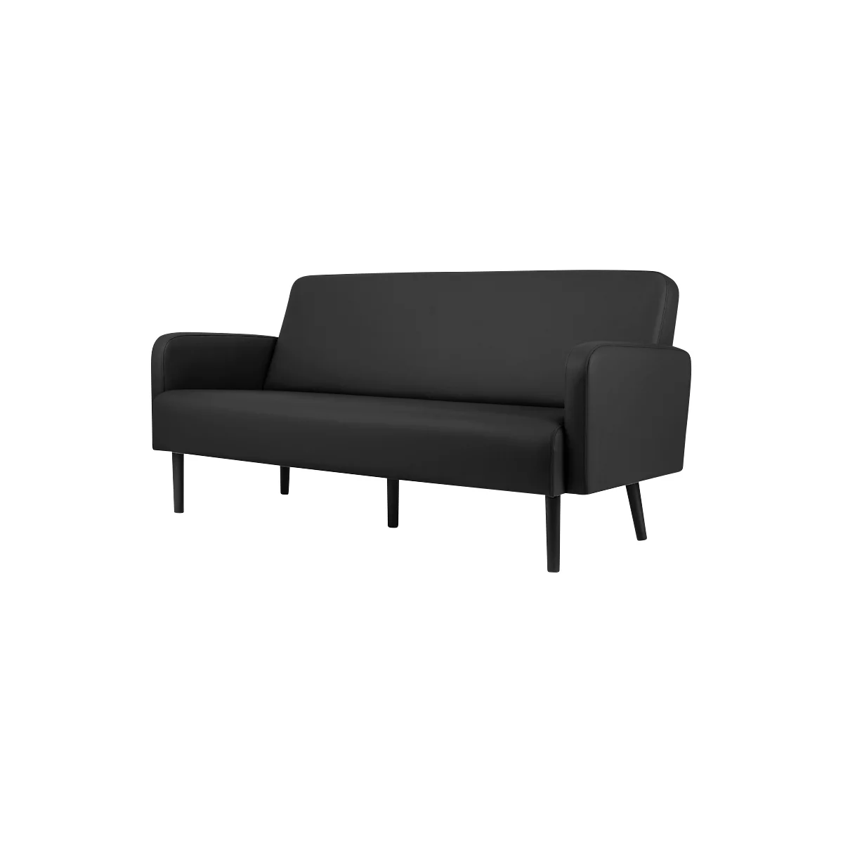Schwarzes Sofa mit zwei Armlehnen und schlanken Beinen. Der Sitz ist glatt und modern.