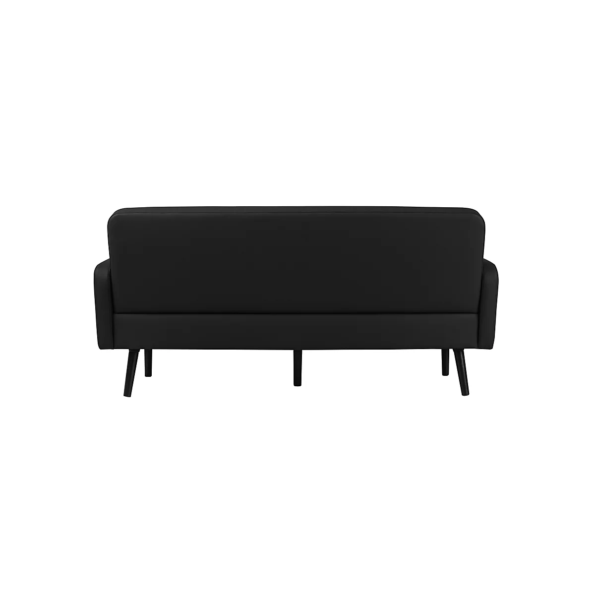 Schwarzes Sofa mit vier schlanken, schwarzen Beinen. Gepolsterte Rückenlehne und Armlehnen.