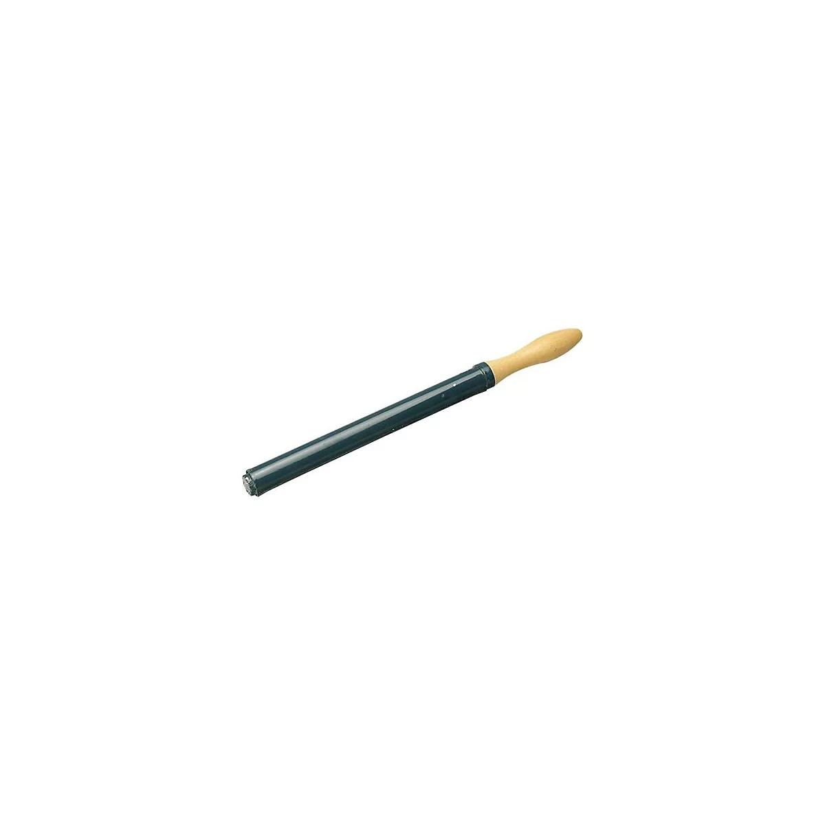 Un outil à main avec une poignée en bois et un corps cylindrique vert foncé.