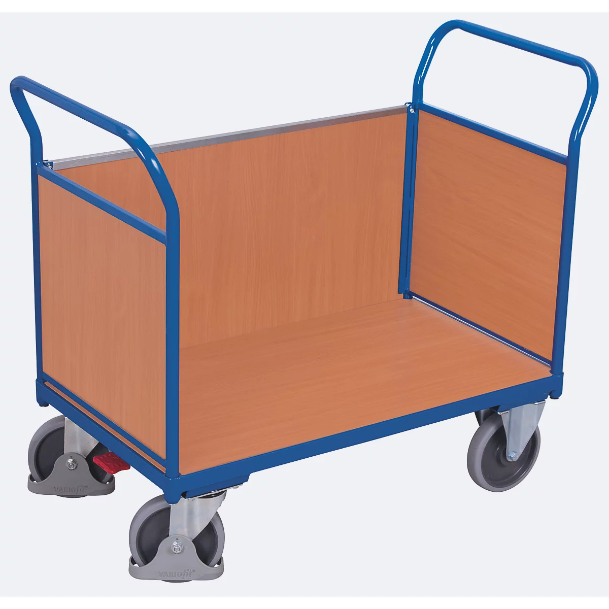 Driewandwagen, staal/MDF-plaat, decor gentiaanblauw/beuken, L 1000 x B 675 mm, afneembare zijwand, TPE-wielen met EasySTOP, tot 500 kg