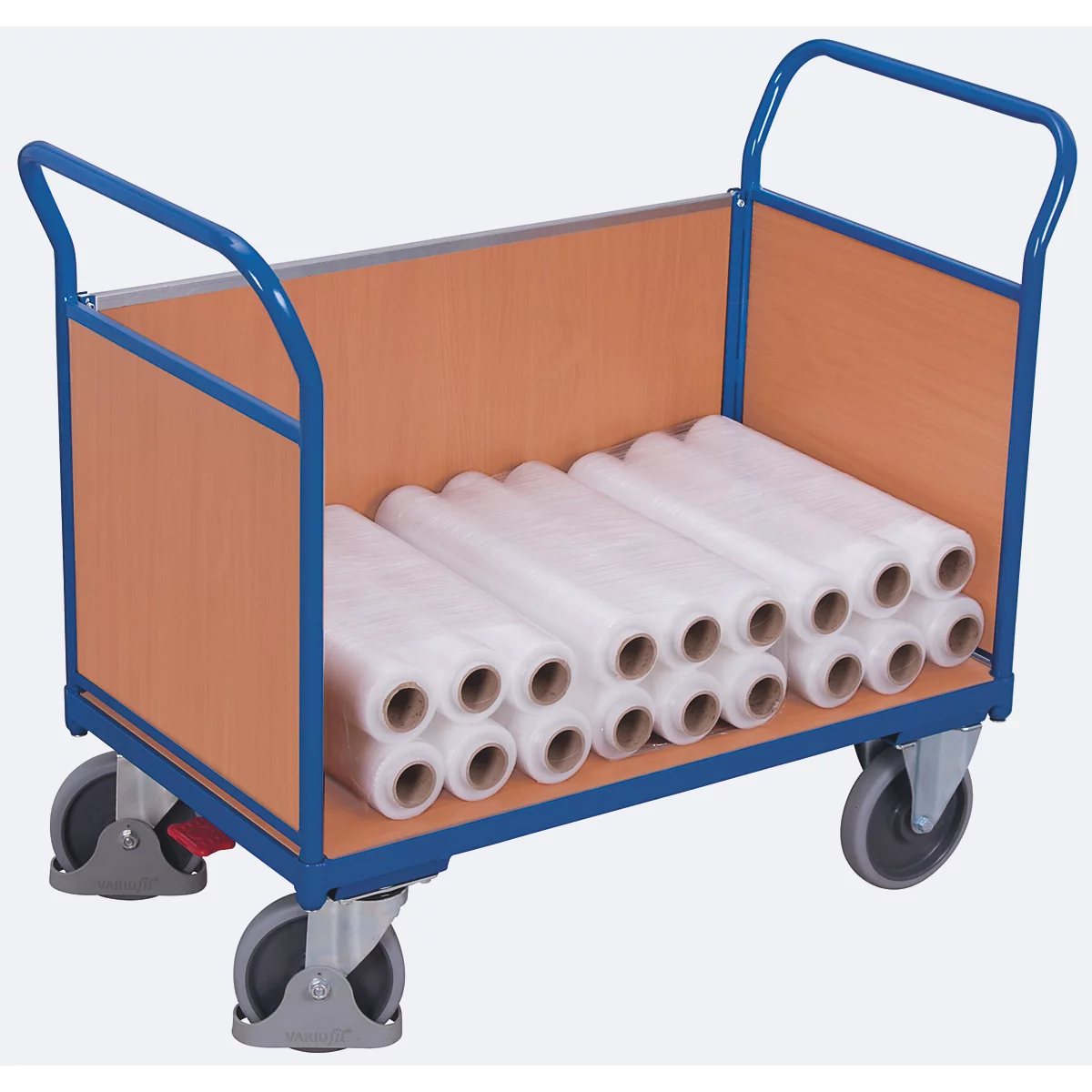 Driewandwagen, staal/MDF-plaat, decor gentiaanblauw/beuken, L 1000 x B 675 mm, afneembare zijwand, TPE-wielen met EasySTOP, tot 500 kg