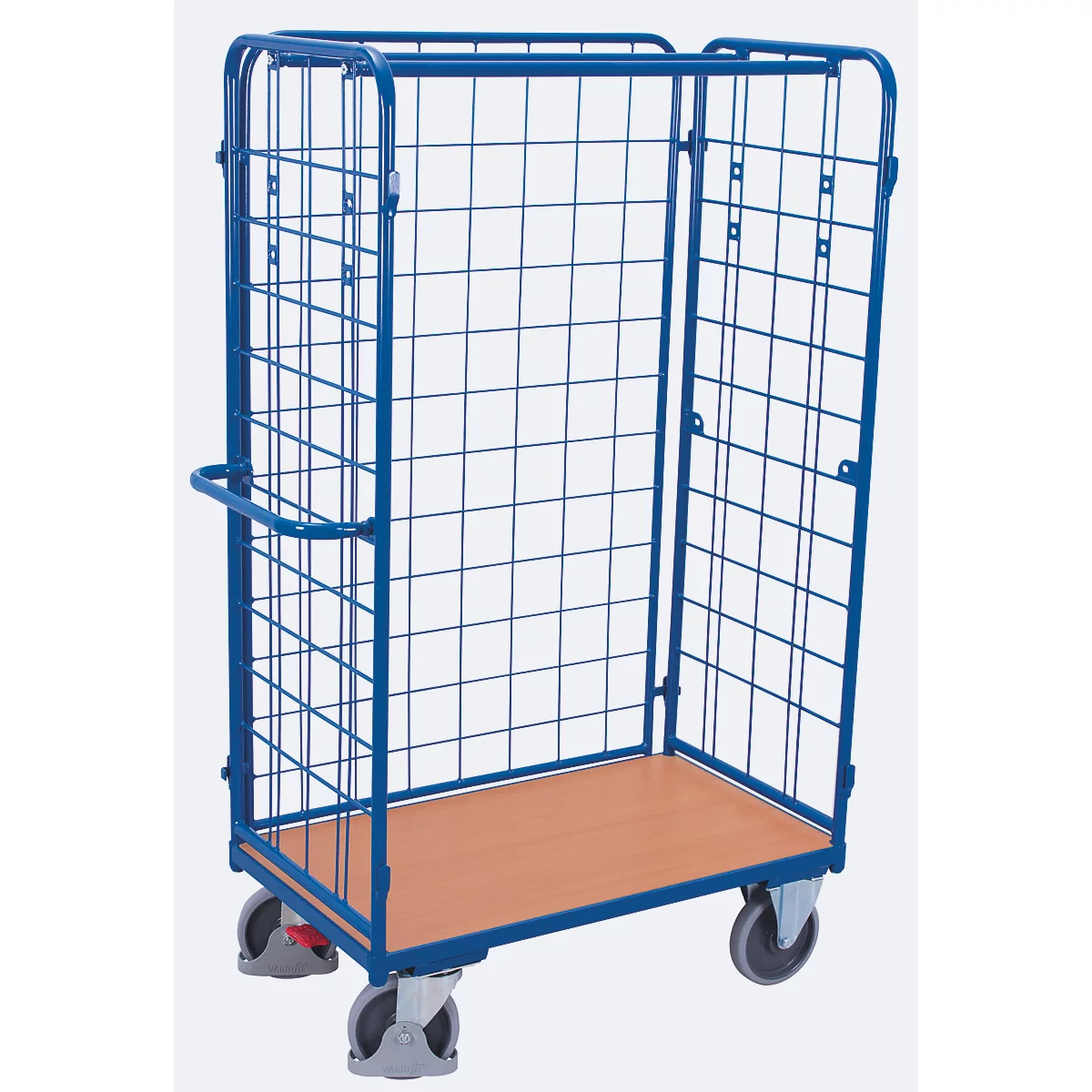 Driewandwagen, staal/MDF-plaat, decor gentiaanblauw/beuken, L 1200 x B 800 mm, max. belasting 1525 mm, inhaakbare zijwand, EasySTOP, tot 500 kg