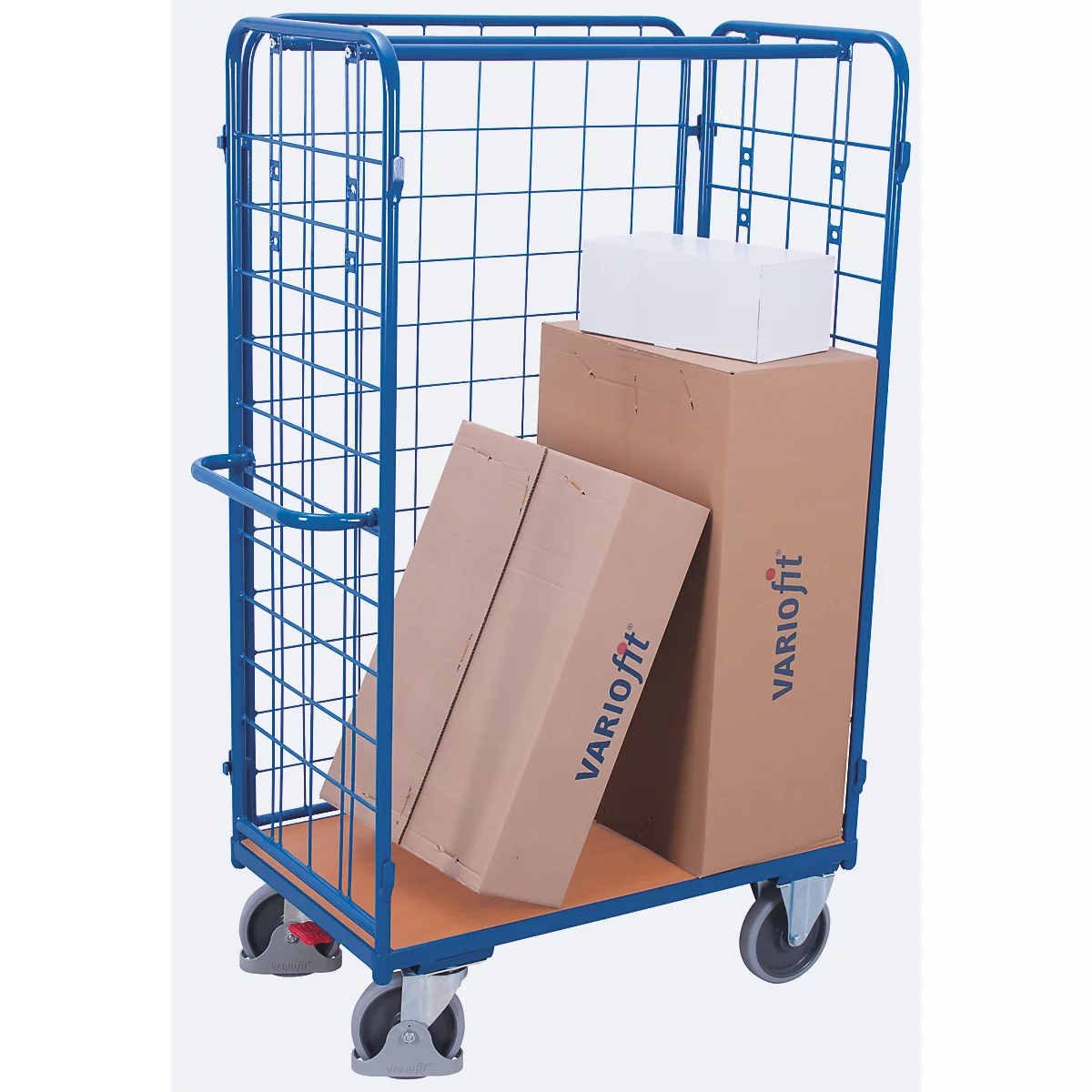 Driewandwagen, staal/MDF-plaat, decor gentiaanblauw/beuken, L 1200 x B 800 mm, max. belasting 1525 mm, inhaakbare zijwand, EasySTOP, tot 500 kg