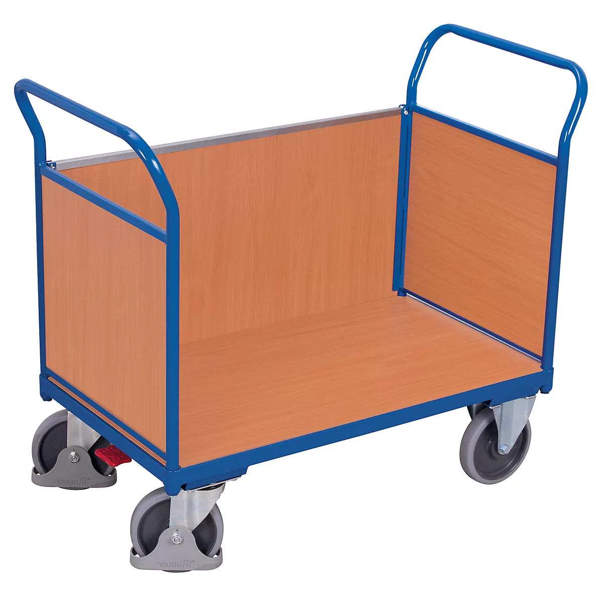 Driewandwagen, staal/MDF-plaat, decor gentiaanblauw/beuken, L 850 x B 475 mm, afneembare zijwand, TPE-wielen met EasySTOP, tot 400 kg