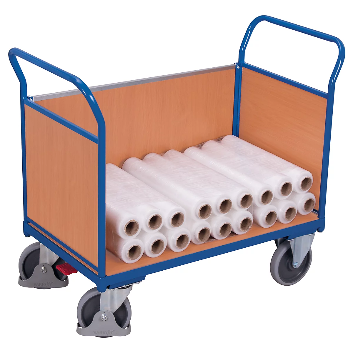 Driewandwagen, staal/MDF-plaat, decor gentiaanblauw/beuken, L 850 x B 475 mm, afneembare zijwand, TPE-wielen met EasySTOP, tot 400 kg