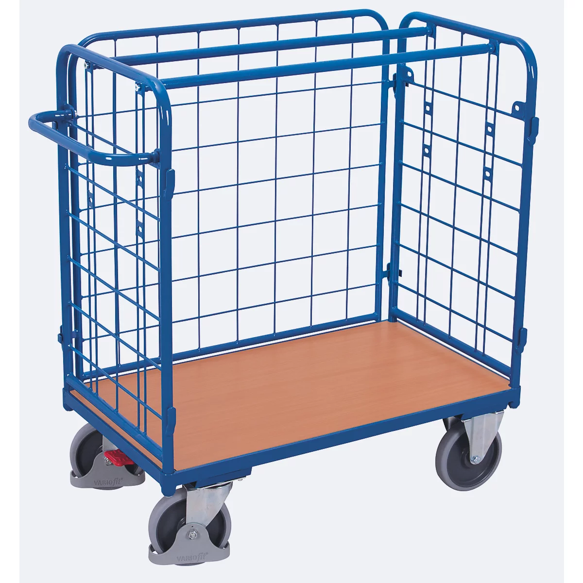 Driewandwagen, staal/MDF-plaat, decor gentiaanblauw/beuken, L 850 x B 500 mm, max. belasting 925 mm, inhaakbare zijwand, EasySTOP, tot 400 kg
