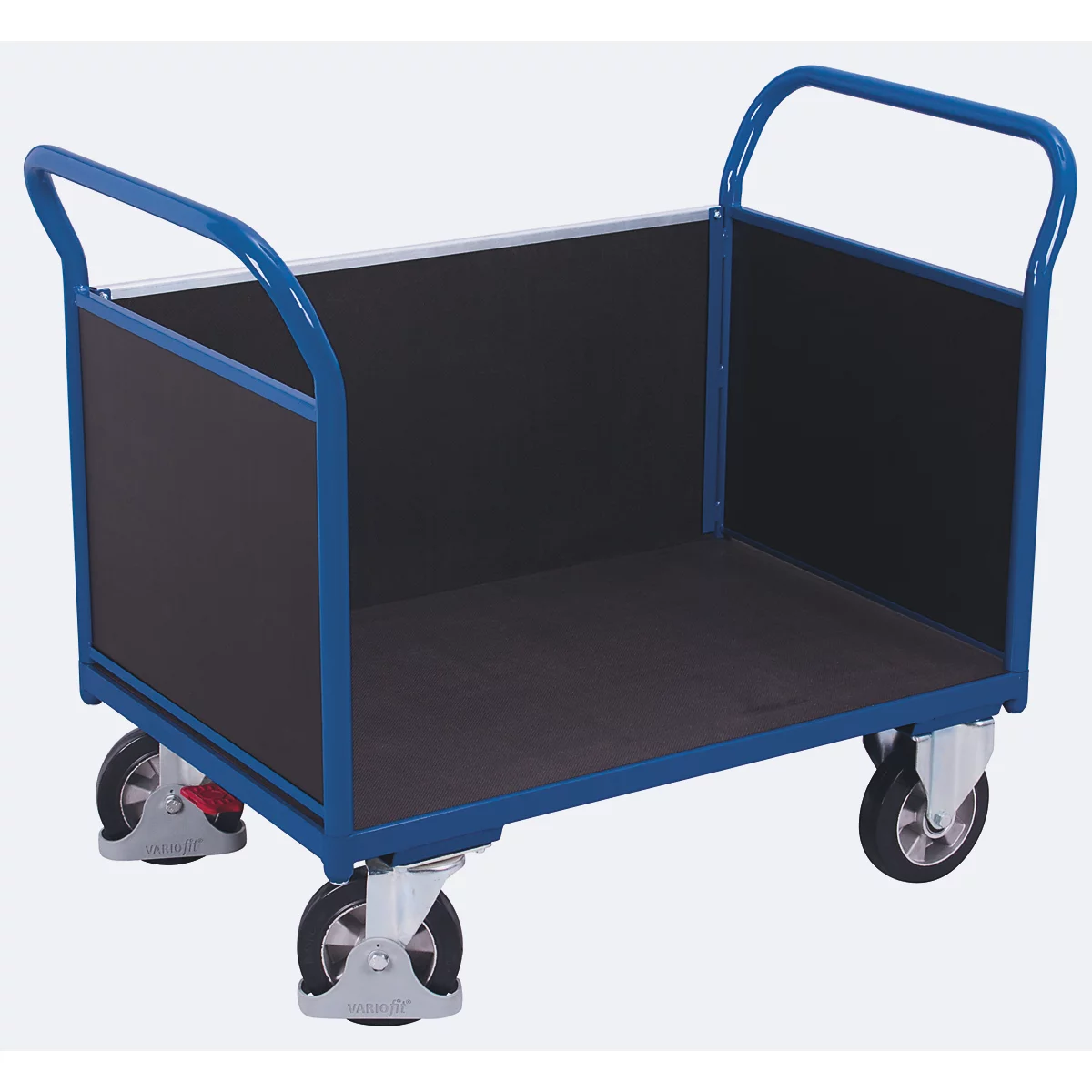 Driewandwagen, staal/zeefdrukplaat, gentiaanblauw/donkerbruin, L 995 x B 665 mm, afneembare zijwand, massief rubberen wielen met EasySTOP, tot 1000 kg