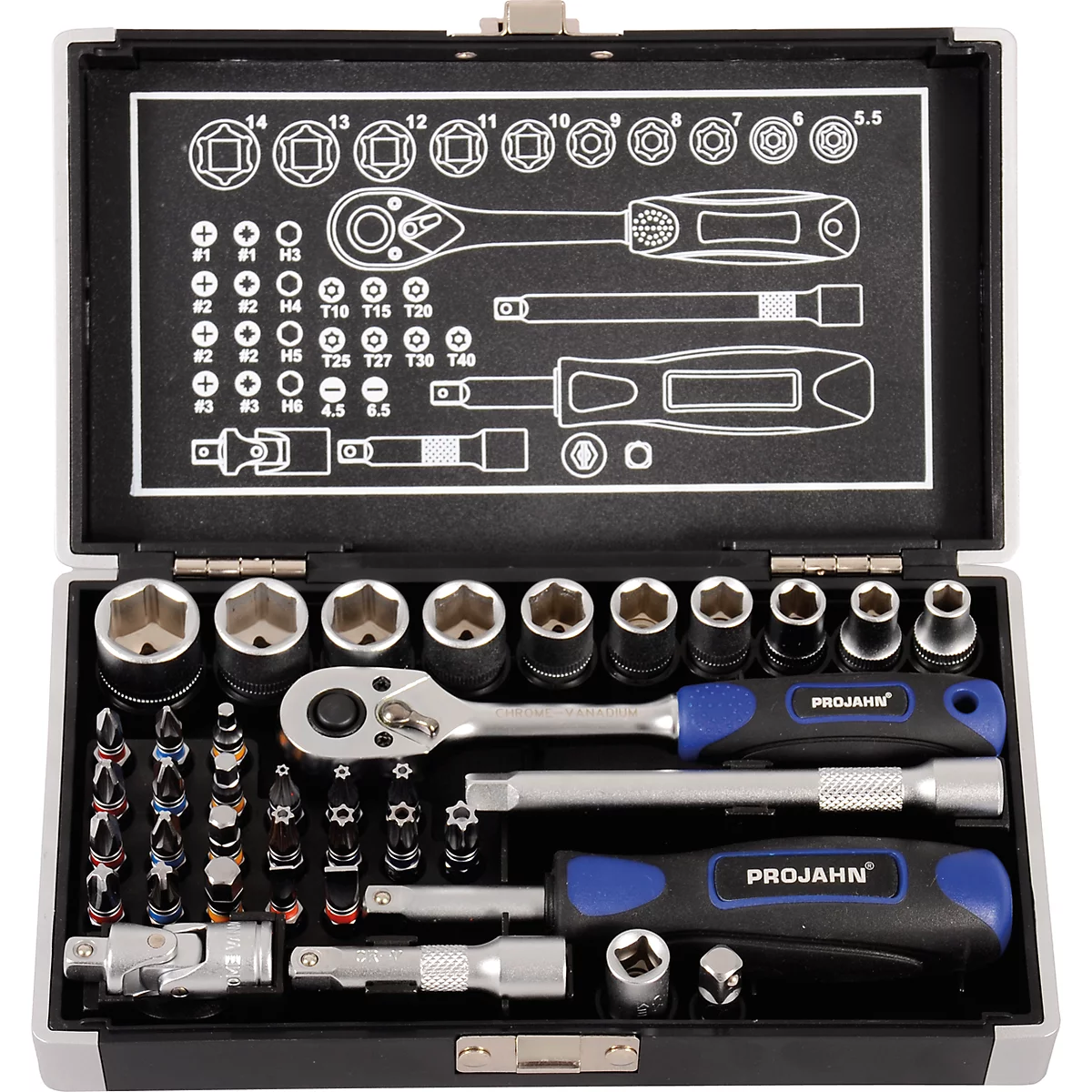 Toolbox with wrenches, bits and accessories, open.