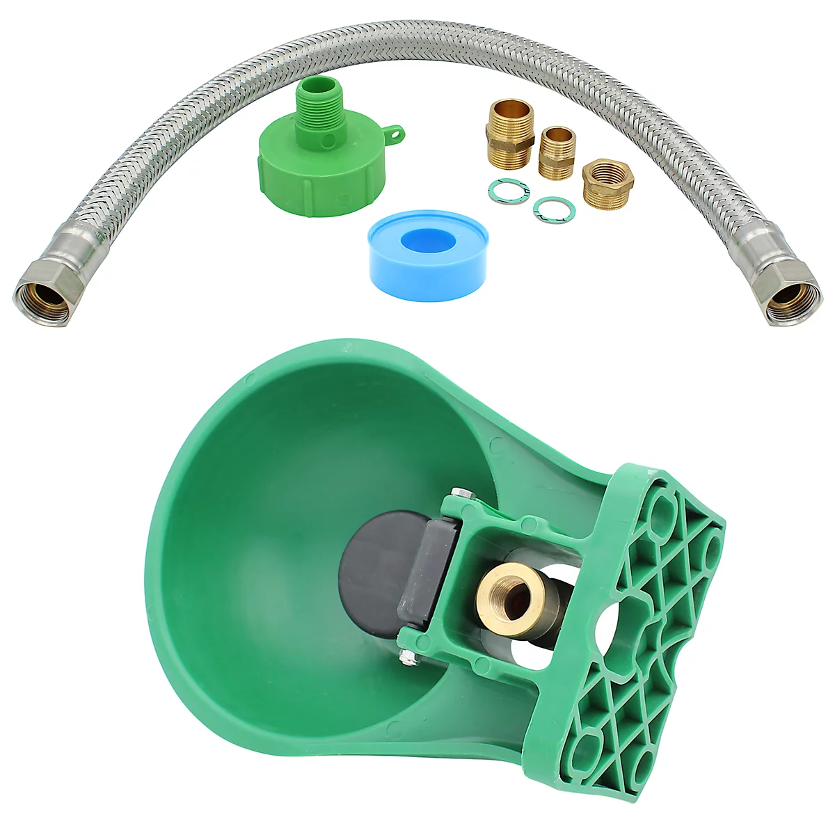 Groene drinker met accessoires, bestaande uit slang, deksel, connectoren. Op een witte achtergrond.