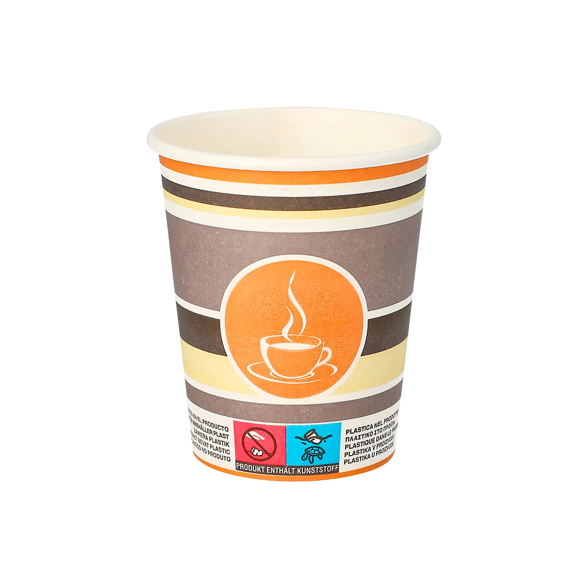 Paper cup with brown, yellow and orange stripes. Print with coffee cup and the note "Product contains plastic".