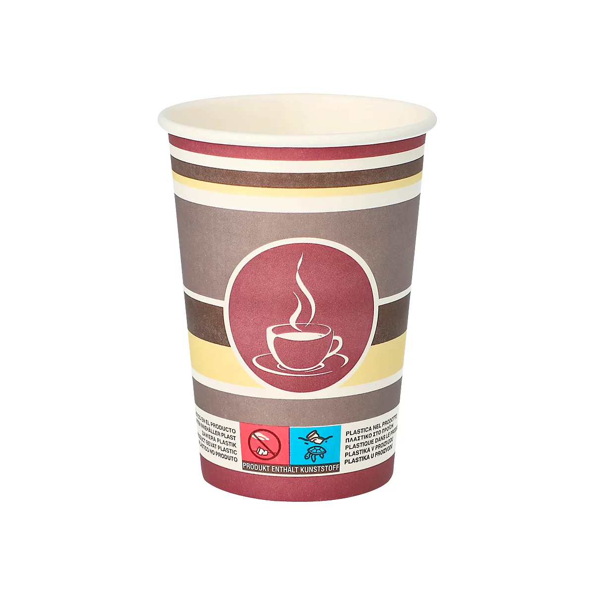 Paper cup with brown and yellow stripes and coffee logo.
