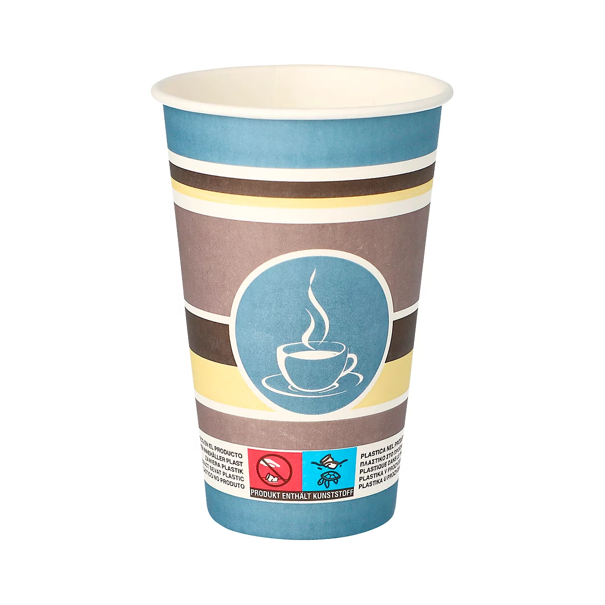 Paper cup with blue, brown, and yellow stripes. In the middle, a blue logo featuring a coffee cup and steam.