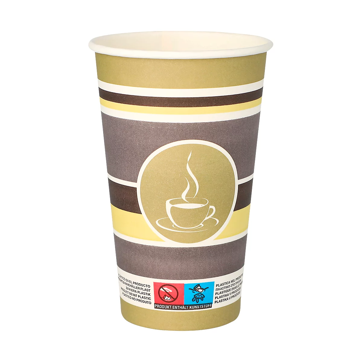 Paper cup with coffee logo. Brown, yellow and white stripes. Printed: Product contains plastics. Symbol coffee.