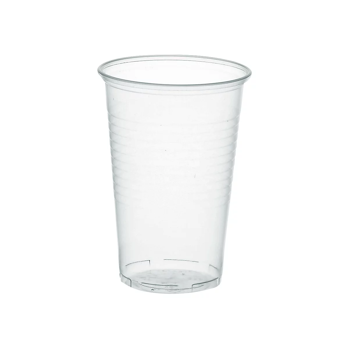 Transparent plastic cup, ribbed, with reinforced bottom.