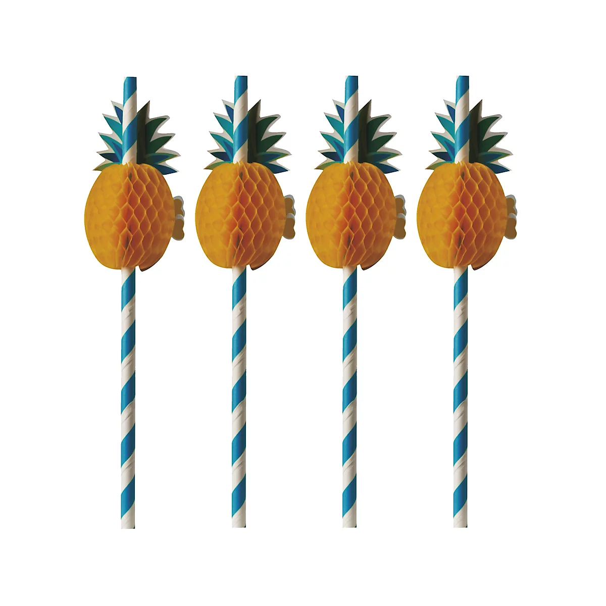 Drinkrietjes Papstar Ananas, wegwerp, L 200 x Ø 6 mm, van FSC®-gecertificeerd papier met 3-D ananas, blauw-wit, 50 stuks.