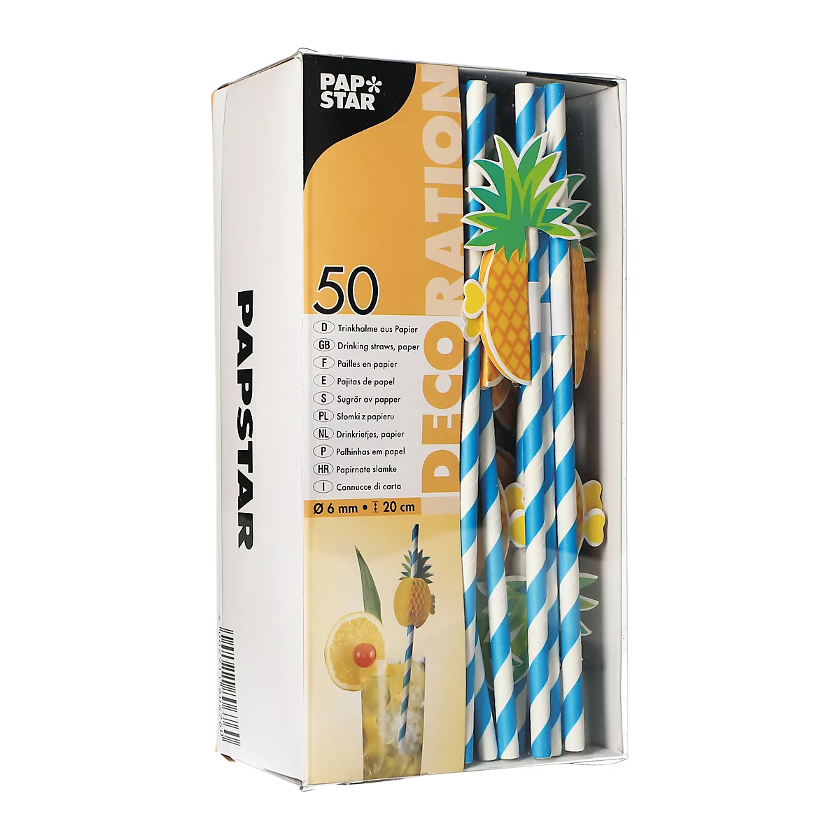 Drinkrietjes Papstar Ananas, wegwerp, L 200 x Ø 6 mm, van FSC®-gecertificeerd papier met 3-D ananas, blauw-wit, 50 stuks.
