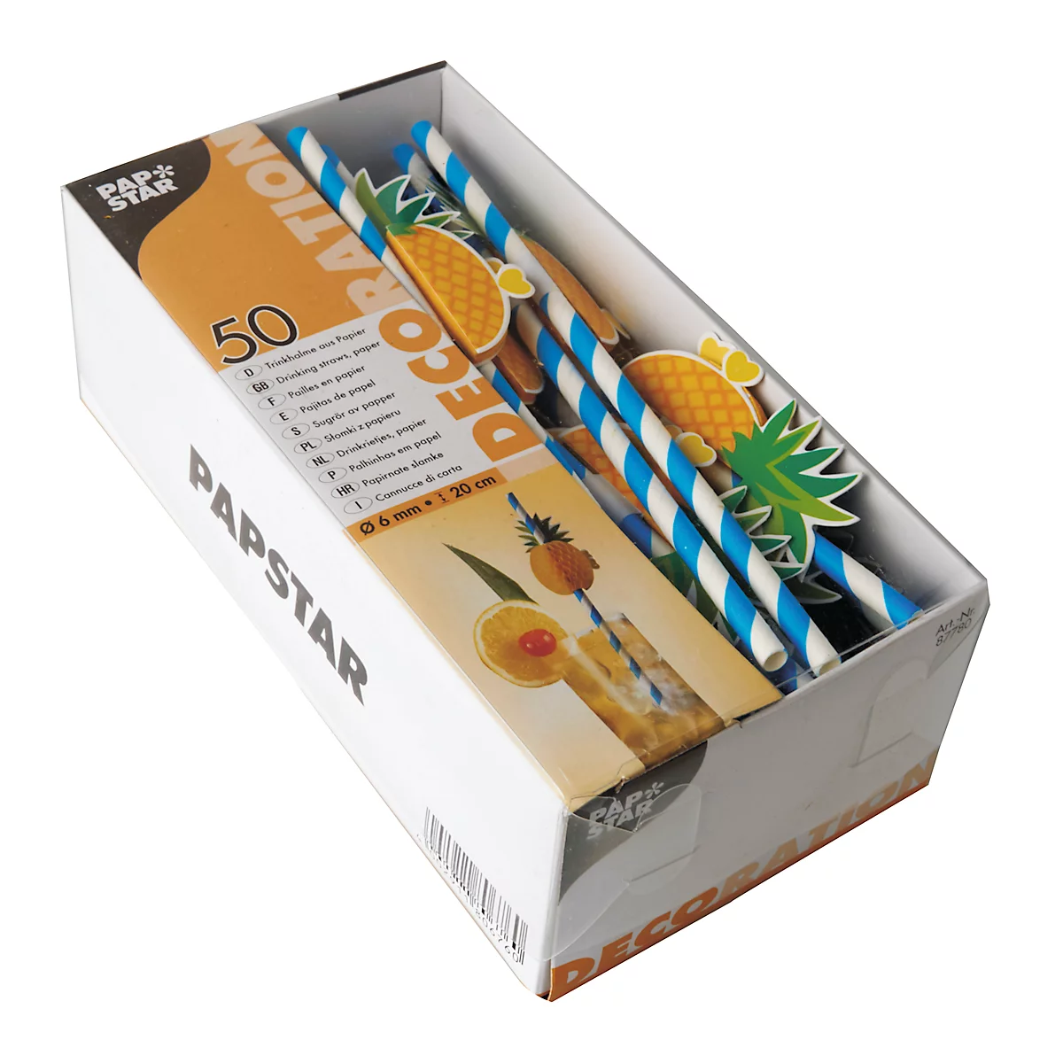 Drinkrietjes Papstar Ananas, wegwerp, L 200 x Ø 6 mm, van FSC®-gecertificeerd papier met 3-D ananas, blauw-wit, 50 stuks.