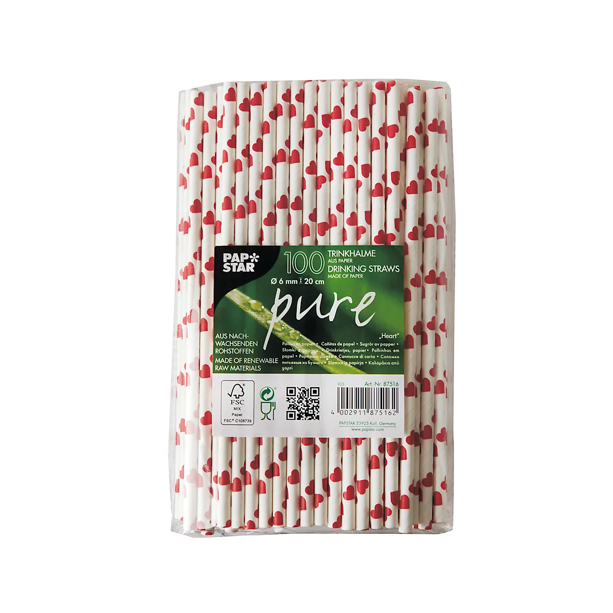 Drinkrietjes Papstar Heart, wegwerp, L 200 x Ø 6 mm, gemaakt van FSC®-gecertificeerd papier, wit met rode hartjes, 100 st.