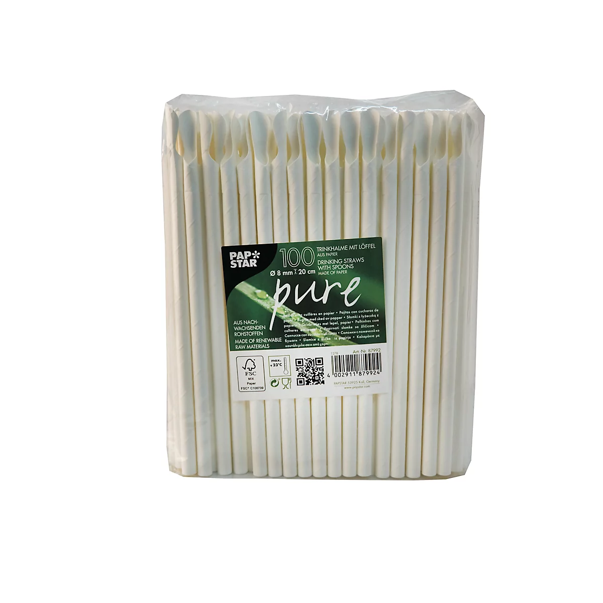 Drinkrietjes Papstar Pure, met lepeltje, wegwerp, L 200 x Ø 8 mm, gemaakt van FSC®-gecertificeerd papier, wit, 100 st.
