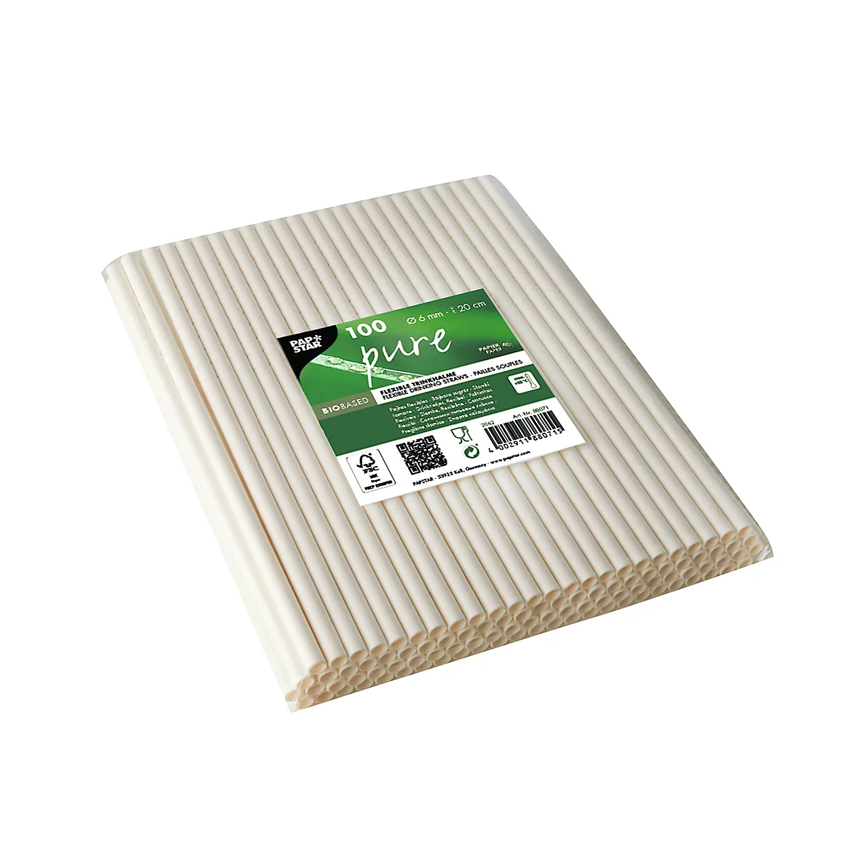 Drinkrietjes Papstar Pure, wegwerp, L 200 x Ø 6 mm, flexibel buigbaar &amp; knikbaar, gemaakt van FSC®-gecertificeerd papier, wit, 100 st.