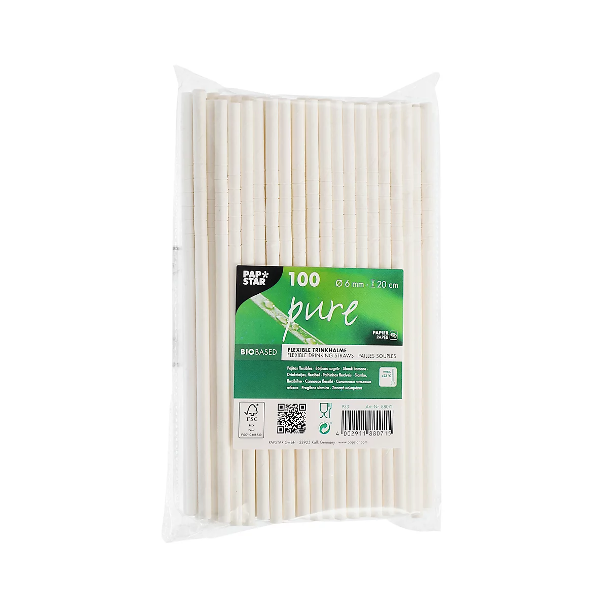 Drinkrietjes Papstar Pure, wegwerp, L 200 x Ø 6 mm, flexibel buigbaar &amp; knikbaar, gemaakt van FSC®-gecertificeerd papier, wit, 100 st.