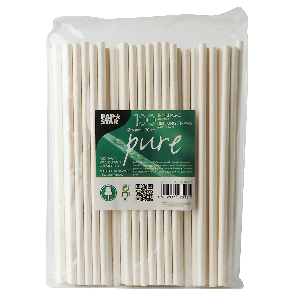Drinkrietjes Papstar Pure, wegwerp, L 200 x Ø 6 mm, gemaakt van FSC®-gecertificeerd papier, wit-uni, 100 st.