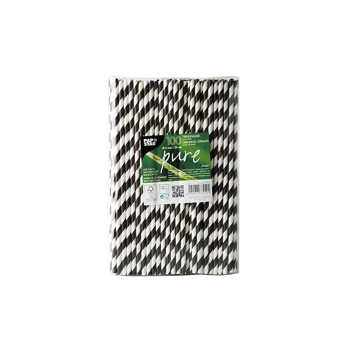 Drinkrietjes Papstar Stripes, wegwerp, L 240 x Ø 6 mm, gemaakt van FSC®-gecertificeerd papier, zwart en wit, 100 st.