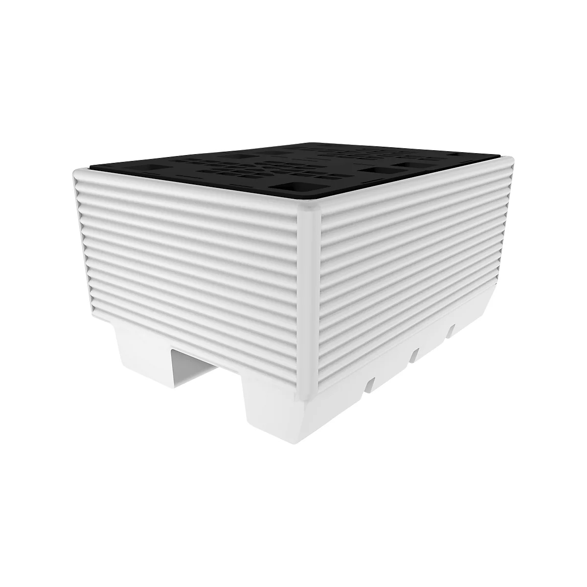 White, ribbed container with black lid. Text on the lid. Two recesses are visible at the bottom.