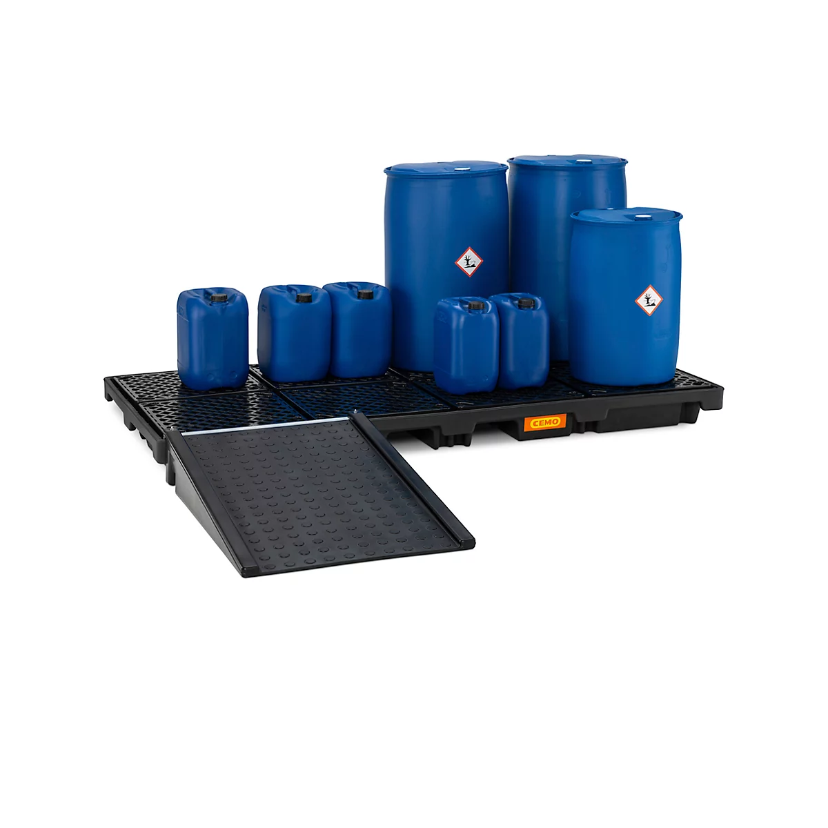 Blue barrels and canisters on a black spill containment pallet with ramp, safety sign.