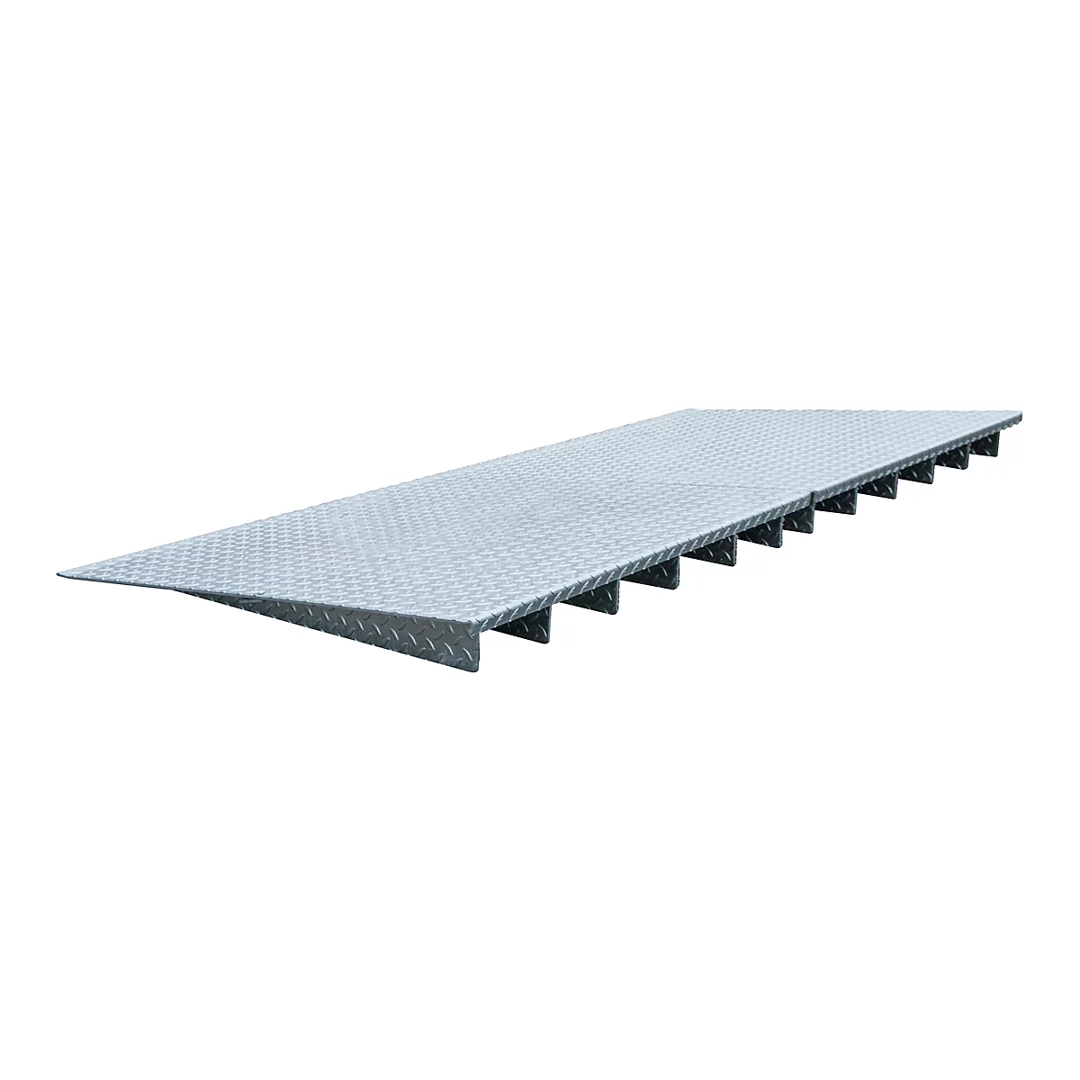 A silver, ridged ramp with black substructure running from left to right.