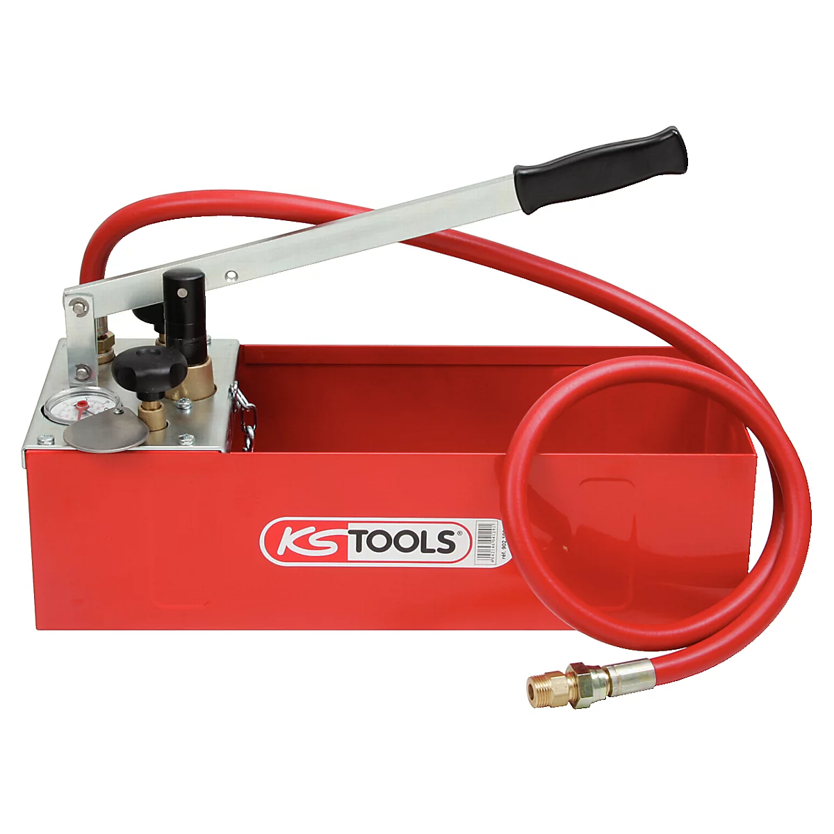 Rote KS Tools Druckprüfpumpe. Mit Manometer, Hebel, schwarzem Griff und rotem Schlauch.