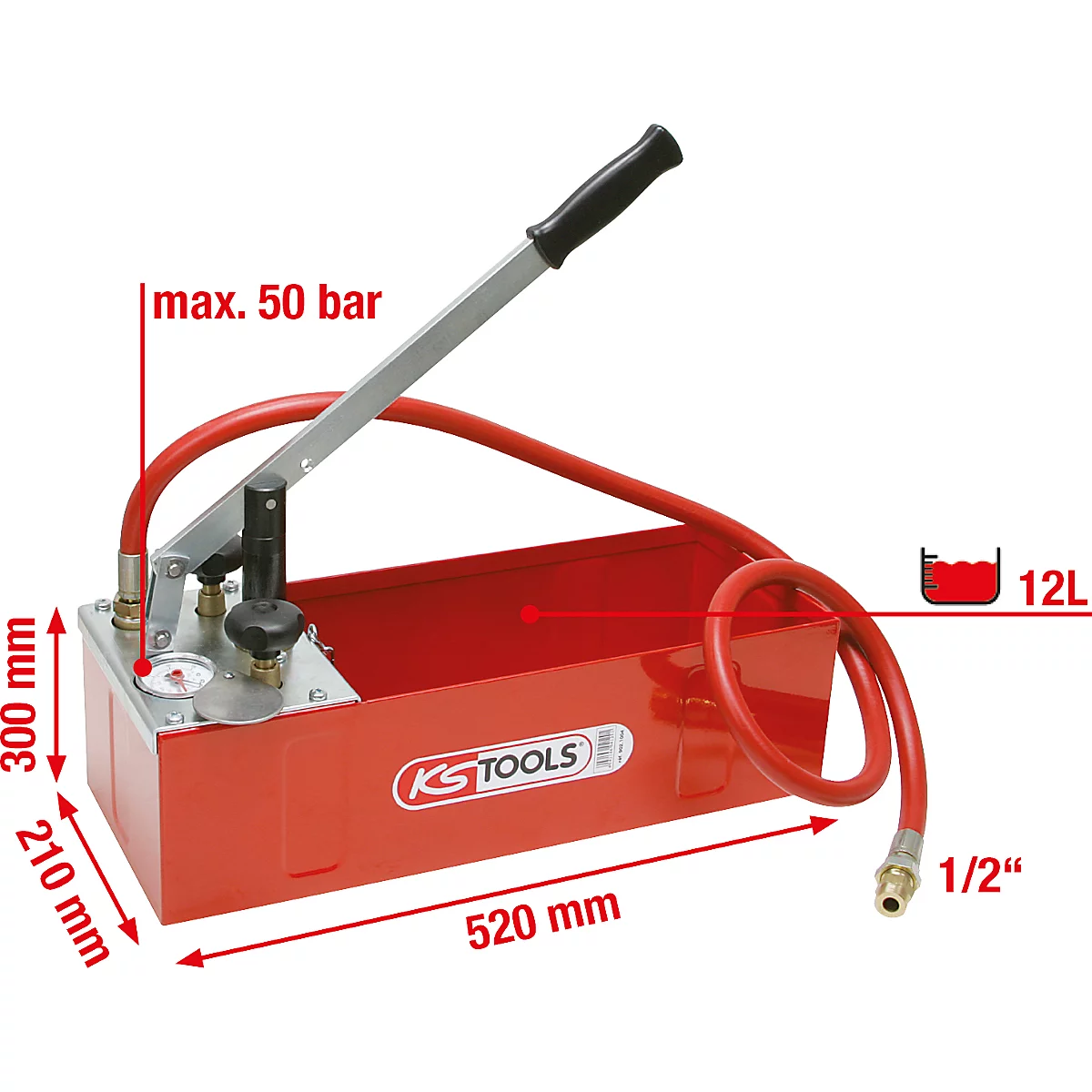 Rote KS TOOLS Handpumpe, mit Hebel, Manometer, Schlauch und Größenangaben.