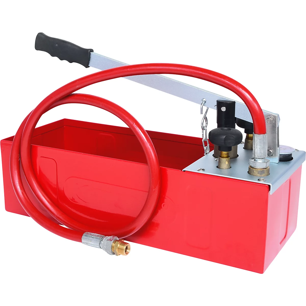 Rote, handbetriebene Druckpumpe mit schwarzem Griff, silberner Hebel und rotem Schlauch.
