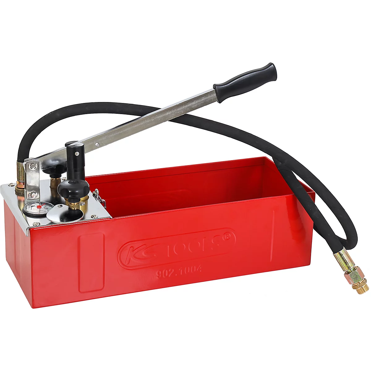 Rote, rechteckige Handpumpe, mit Manometer, Hebel und Schlauch.