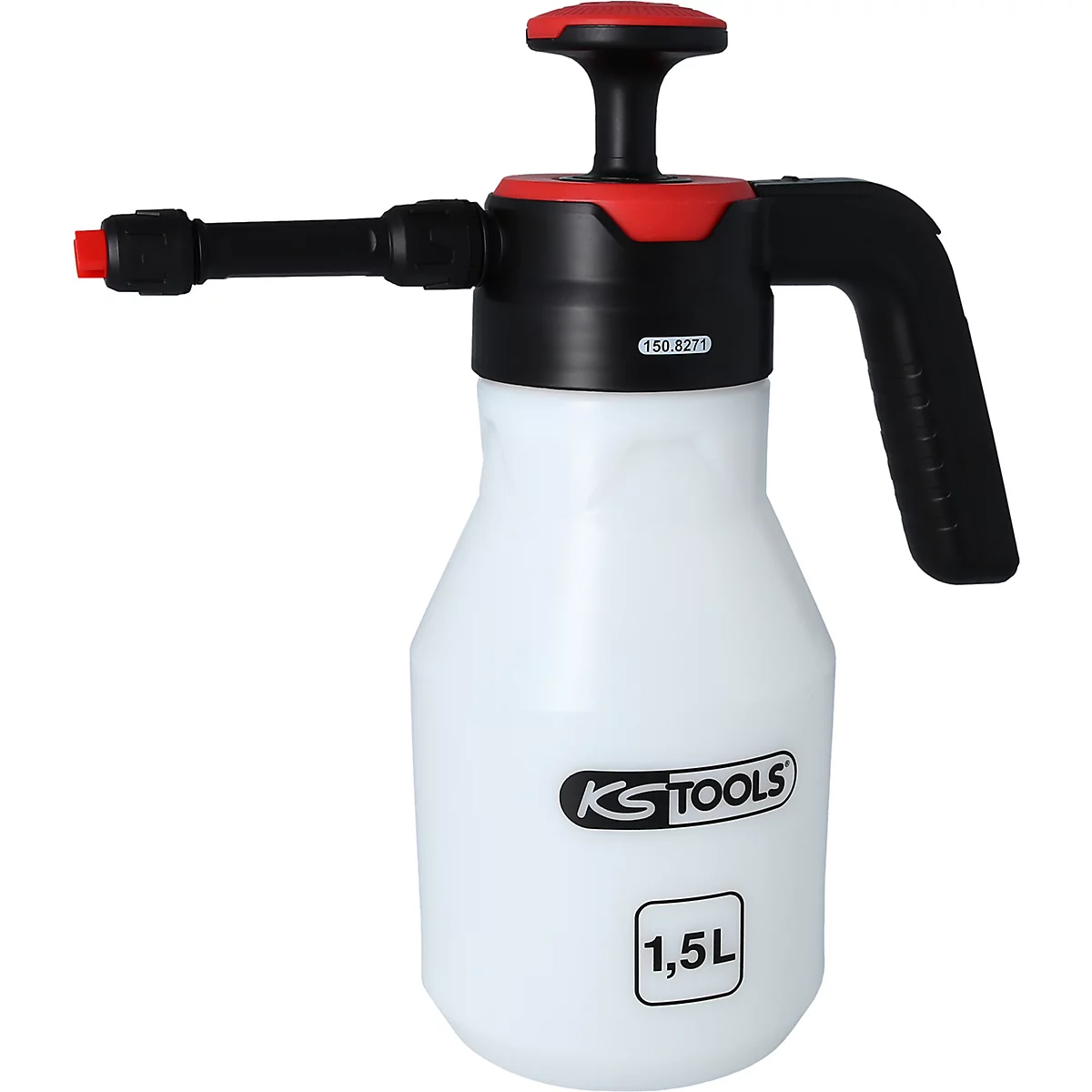 Weiße Drucksprühflasche mit schwarzem Griff und roter Düse, 'KS TOOLS' Schriftzug, 1,5L.