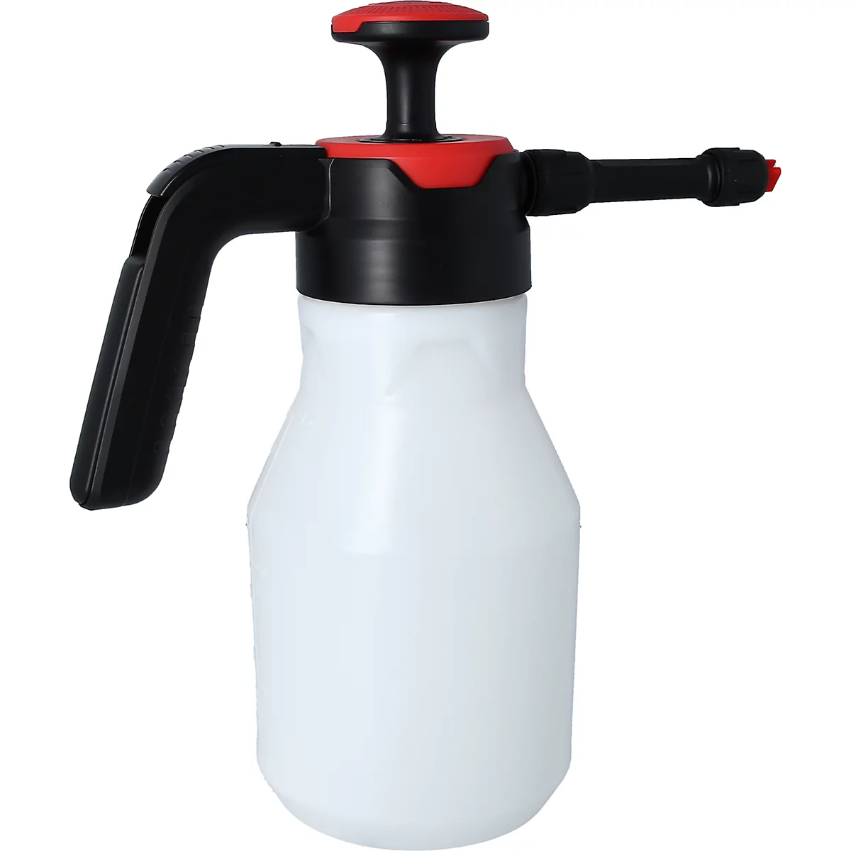 Weiß-schwarze Sprühflasche mit rotem Pumpkopf und Sprühdüse. Der Griff ist schwarz.