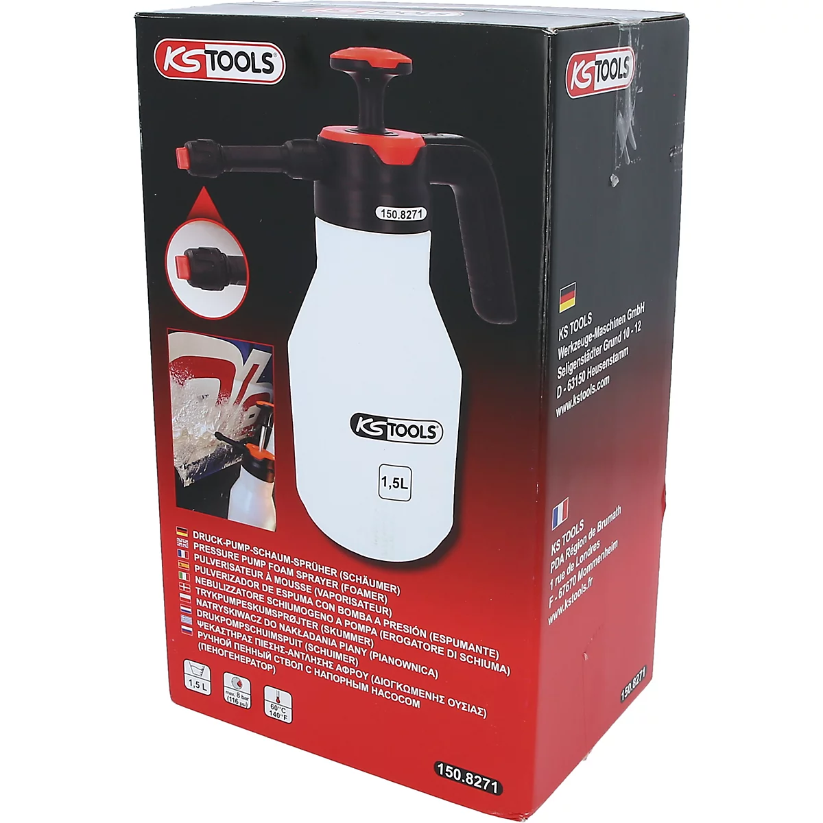 Schaumsprüher von KS TOOLS. Schwarz-roter Sprüher, 1,5L, in der Verpackung. Aufschrift: KS TOOLS und 150.8271.