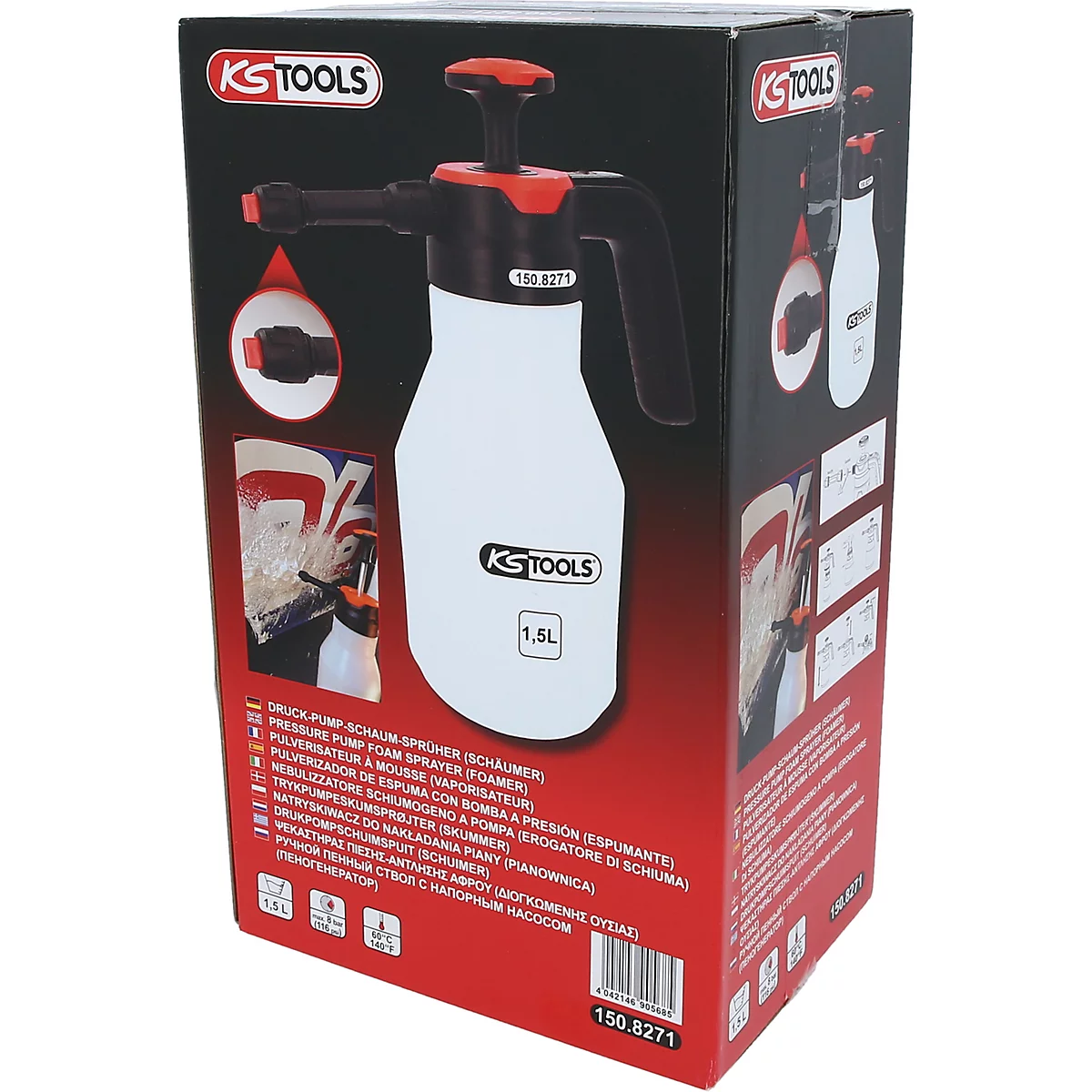 Drucksprüher mit roter Pumpe auf schwarzem Hintergrund. Auf der Verpackung befindet sich das Logo von KS TOOLS und Text in verschiedenen Sprachen.