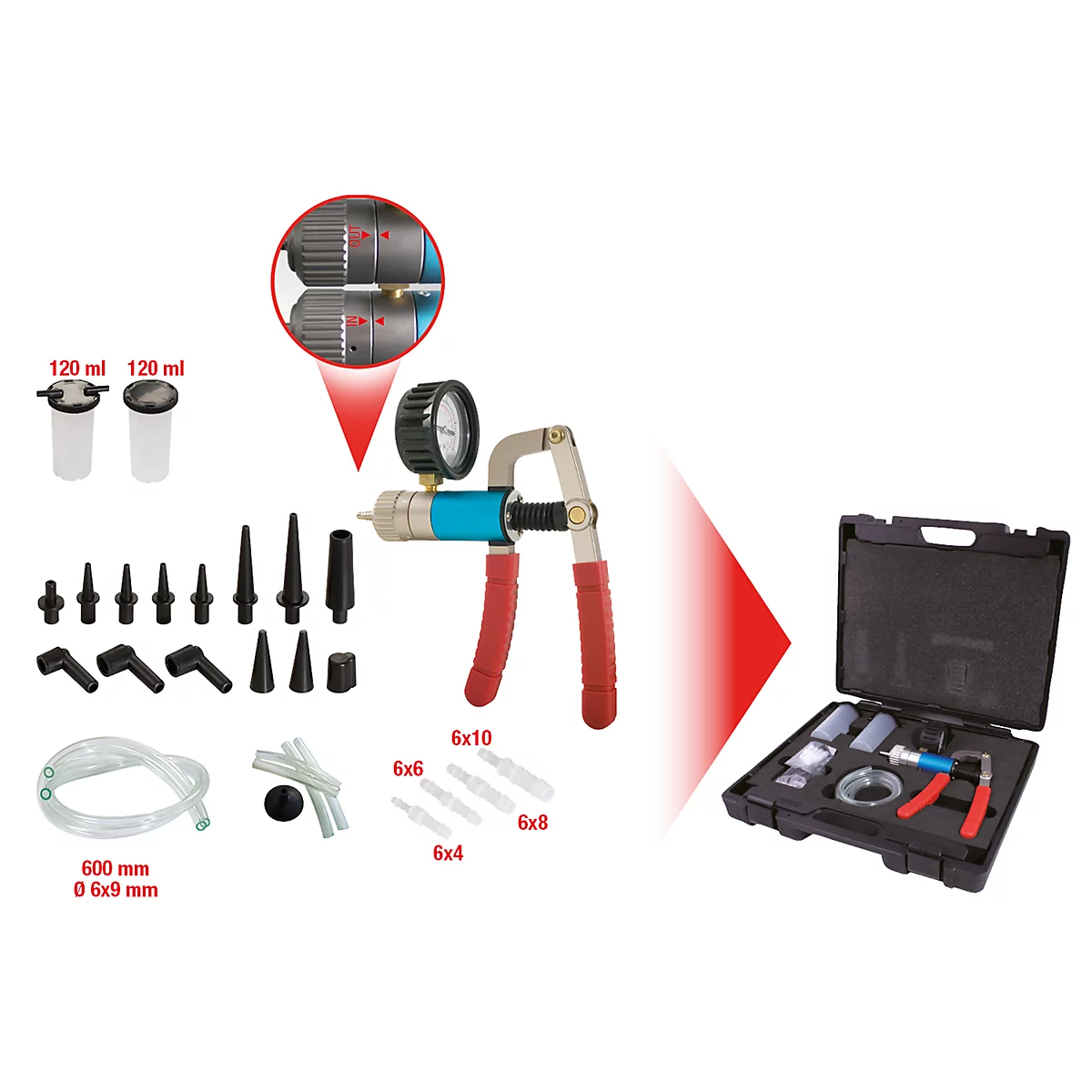 Vakuum-Tester-Set mit Manometer, Schläuchen, Adaptern und Aufbewahrungsbox.