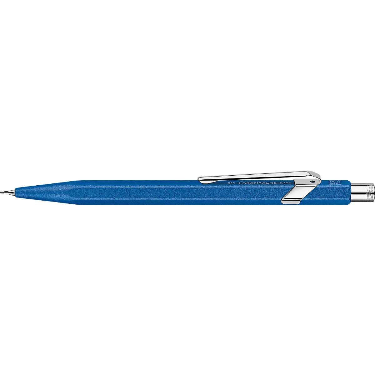 Blauer Kugelschreiber mit silberfarbenem Clip und Spitze.