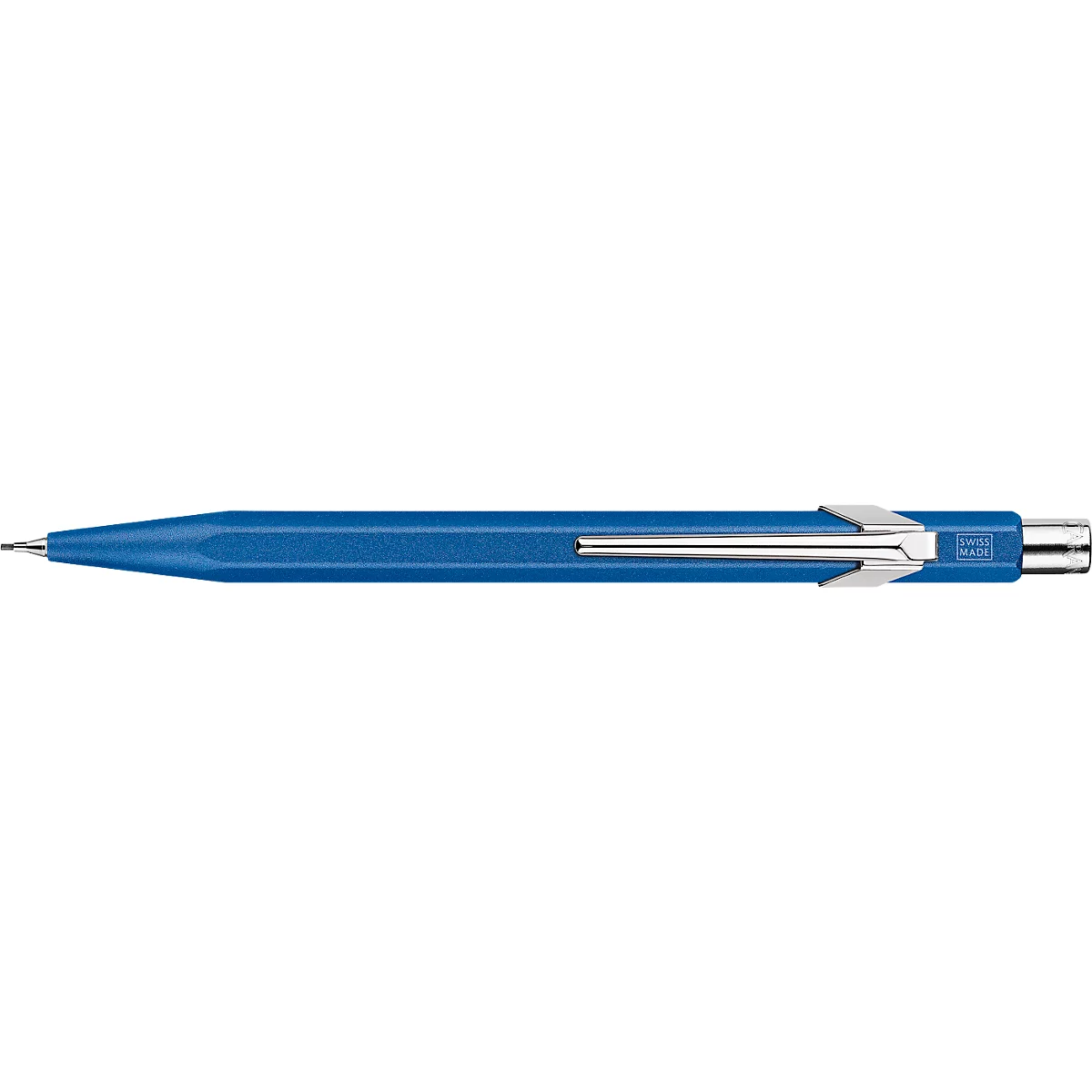 Blauer Kugelschreiber mit silberner Clipvorrichtung.