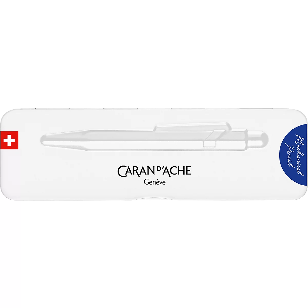 Weisser Stift mit Aufdruck 'Caran d'Ache Genéve' und Schweizer Kreuz.