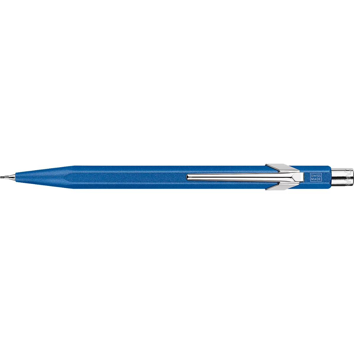 Blauer Stift, silberner Clip, Detailaufnahme.