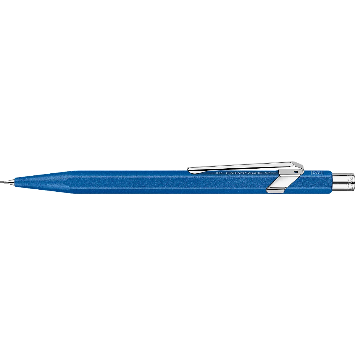 Blauer Kugelschreiber mit silberfarbenem Clip und Aufschrift.